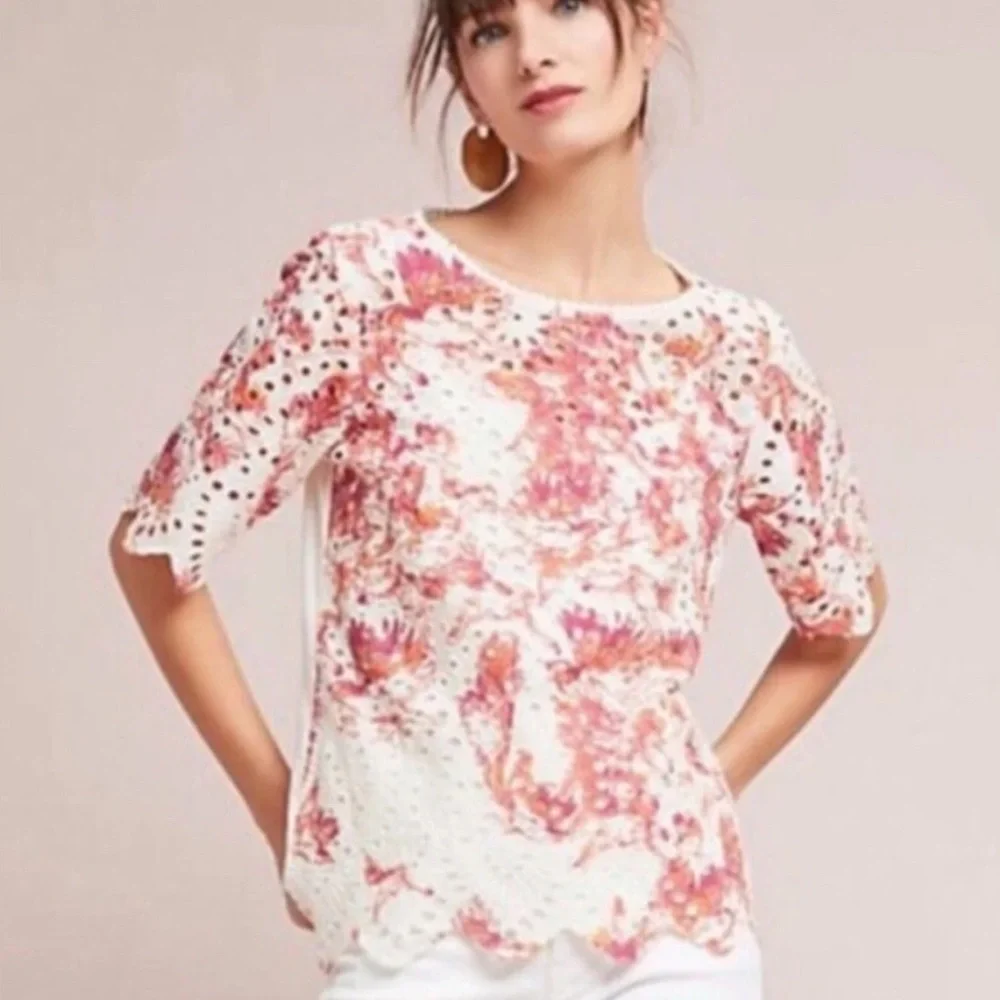 Anthropologie Porridge XS Floral Eyelet Top ~ Short Sleeve‎ Peasant
